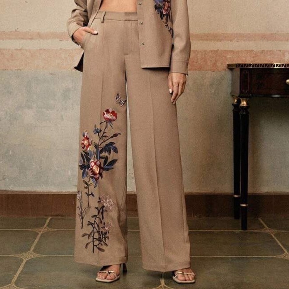 Anewstae Tan Floral Butterfly Embroidered Wide Leg Trousers Sz 12 XL Work Garden